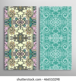 Vertical seamless patterns set, floral geometric lace texture for Wedding, Bridal, Valentine's day, greeting cards or Birthday Invitations. Decorative seamless backgrounds, tribal ethnic ornament