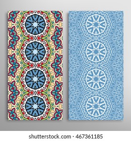 Vertical seamless patterns set, floral geometric lace texture for Wedding, Bridal, Valentine's day, greeting cards or Birthday Invitations. Decorative seamless backgrounds, tribal ethnic ornament