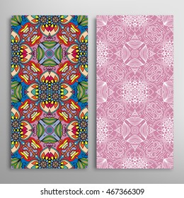 Vertical seamless patterns set, floral geometric lace texture for Wedding, Bridal, Valentine's day, greeting cards or Birthday Invitations. Decorative seamless backgrounds, tribal ethnic ornament