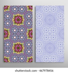 Vertical seamless patterns set, floral geometric lace texture for Wedding, Bridal, Valentine's day, greeting cards or Birthday Invitations. Decorative seamless backgrounds, tribal ethnic ornament