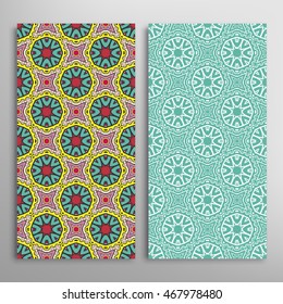 Vertical seamless patterns set, floral geometric lace texture for Wedding, Bridal, Valentine's day, greeting cards or Birthday Invitations. Decorative seamless backgrounds, tribal ethnic ornament