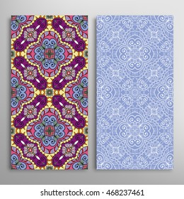 Vertical seamless patterns set, floral geometric lace texture for Wedding, Bridal, Valentine's day, greeting cards or Birthday Invitations. Decorative seamless backgrounds, tribal ethnic ornament