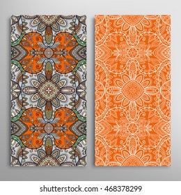 Vertical seamless patterns set, floral geometric lace texture for Wedding, Bridal, Valentine's day, greeting cards or Birthday Invitations. Decorative seamless backgrounds, tribal ethnic ornament