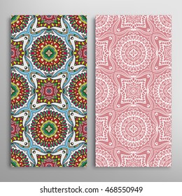 Vertical seamless patterns set, floral geometric lace texture for Wedding, Bridal, Valentine's day, greeting cards or Birthday Invitations. Decorative seamless backgrounds, tribal ethnic ornament