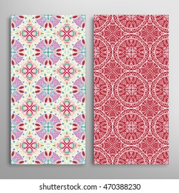 Vertical seamless patterns set, floral geometric lace texture for Wedding, Bridal, Valentine's day, greeting cards or Birthday Invitations. Decorative seamless backgrounds, tribal ethnic ornament