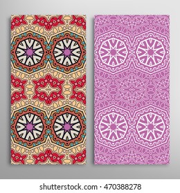 Vertical seamless patterns set, floral geometric lace texture for Wedding, Bridal, Valentine's day, greeting cards or Birthday Invitations. Decorative seamless backgrounds, tribal ethnic ornament