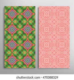 Vertical seamless patterns set, floral geometric lace texture for Wedding, Bridal, Valentine's day, greeting cards or Birthday Invitations. Decorative seamless backgrounds, tribal ethnic ornament