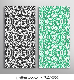 Vertical seamless patterns set, floral geometric lace texture for Wedding, Bridal, Valentine's day, greeting cards or Birthday Invitations. Decorative seamless backgrounds, tribal ethnic ornament
