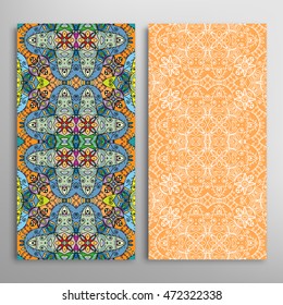 Vertical seamless patterns set, floral geometric lace texture for Wedding, Bridal, Valentine's day, greeting cards or Birthday Invitations. Decorative seamless backgrounds, tribal ethnic ornament