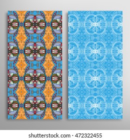 Vertical seamless patterns set, floral geometric lace texture for Wedding, Bridal, Valentine's day, greeting cards or Birthday Invitations. Decorative seamless backgrounds, tribal ethnic ornament