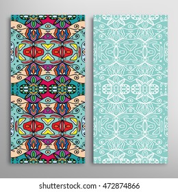 Vertical seamless patterns set, floral geometric lace texture for Wedding, Bridal, Valentine's day, greeting cards or Birthday Invitations. Decorative seamless backgrounds, tribal ethnic ornament