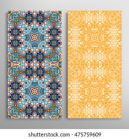 Vertical seamless patterns set, floral geometric lace texture for Wedding, Bridal, Valentine's day, greeting cards or Birthday Invitations. Decorative seamless backgrounds, tribal ethnic ornament