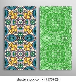 Vertical seamless patterns set, floral geometric lace texture for Wedding, Bridal, Valentine's day, greeting cards or Birthday Invitations. Decorative seamless backgrounds, tribal ethnic ornament