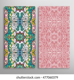 Vertical seamless patterns set, floral geometric lace texture for Wedding, Bridal, Valentine's day, greeting cards or Birthday Invitations. Decorative seamless backgrounds, tribal ethnic ornament