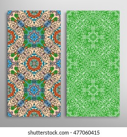 Vertical seamless patterns set, floral geometric lace texture for Wedding, Bridal, Valentine's day, greeting cards or Birthday Invitations. Decorative seamless backgrounds, tribal ethnic ornament