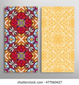 Vertical seamless patterns set, floral geometric lace texture for Wedding, Bridal, Valentine's day, greeting cards or Birthday Invitations. Decorative seamless backgrounds, tribal ethnic ornament