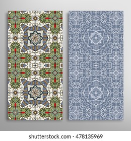 Vertical seamless patterns set, floral geometric lace texture for Wedding, Bridal, Valentine's day, greeting cards or Birthday Invitations. Decorative seamless backgrounds, tribal ethnic ornament
