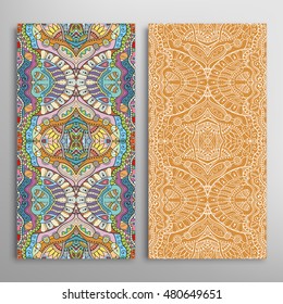 Vertical seamless patterns set, floral geometric lace texture for Wedding, Bridal, Valentine's day, greeting cards or Birthday Invitations. Decorative seamless backgrounds, tribal ethnic ornament