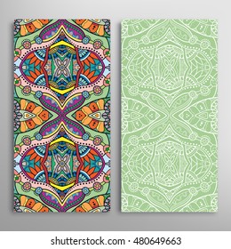 Vertical seamless patterns set, floral geometric lace texture for Wedding, Bridal, Valentine's day, greeting cards or Birthday Invitations. Decorative seamless backgrounds, tribal ethnic ornament