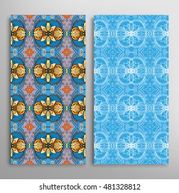 Vertical seamless patterns set, floral geometric lace texture for Wedding, Bridal, Valentine's day, greeting cards or Birthday Invitations. Decorative seamless backgrounds, tribal ethnic ornament