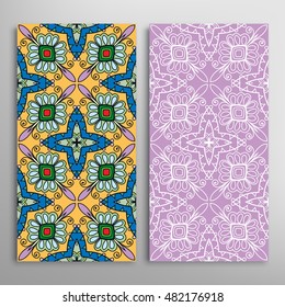 Vertical seamless patterns set, floral geometric lace texture for Wedding, Bridal, Valentine's day, greeting cards or Birthday Invitations. Decorative seamless backgrounds, tribal ethnic ornament