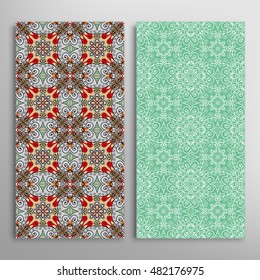 Vertical seamless patterns set, floral geometric lace texture for Wedding, Bridal, Valentine's day, greeting cards or Birthday Invitations. Decorative seamless backgrounds, tribal ethnic ornament