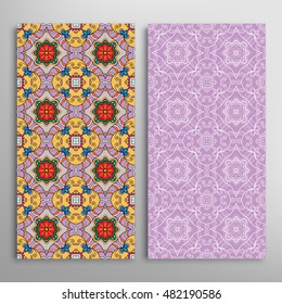 Vertical seamless patterns set, floral geometric lace texture for Wedding, Bridal, Valentine's day, greeting cards or Birthday Invitations. Decorative seamless backgrounds, tribal ethnic ornament