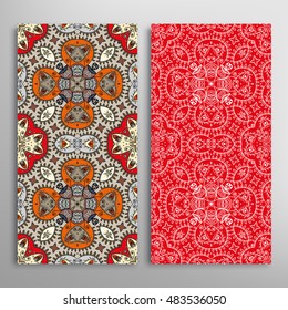 Vertical seamless patterns set, floral geometric lace texture for Wedding, Bridal, Valentine's day, greeting cards or Birthday Invitations. Decorative seamless backgrounds, tribal ethnic ornament