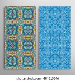 Vertical seamless patterns set, floral geometric lace texture for Wedding, Bridal, Valentine's day, greeting cards or Birthday Invitations. Decorative seamless backgrounds, tribal ethnic ornament
