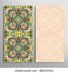 Vertical seamless patterns set, floral geometric lace texture for Wedding, Bridal, Valentine's day, greeting cards or Birthday Invitations. Decorative seamless backgrounds, tribal ethnic ornament