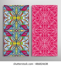 Vertical seamless patterns set, floral geometric lace texture for Wedding, Bridal, Valentine's day, greeting cards or Birthday Invitations. Decorative seamless backgrounds, tribal ethnic ornament