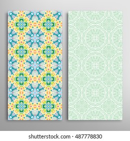 Vertical seamless patterns set, floral geometric lace texture for Wedding, Bridal, Valentine's day, greeting cards or Birthday Invitations. Decorative seamless backgrounds, tribal ethnic ornament