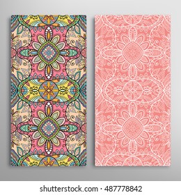 Vertical seamless patterns set, floral geometric lace texture for Wedding, Bridal, Valentine's day, greeting cards or Birthday Invitations. Decorative seamless backgrounds, tribal ethnic ornament