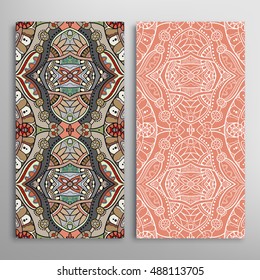 Vertical seamless patterns set, floral geometric lace texture for Wedding, Bridal, Valentine's day, greeting cards or Birthday Invitations. Decorative seamless backgrounds, tribal ethnic ornament