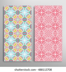 Vertical seamless patterns set, floral geometric lace texture for Wedding, Bridal, Valentine's day, greeting cards or Birthday Invitations. Decorative seamless backgrounds, tribal ethnic ornament