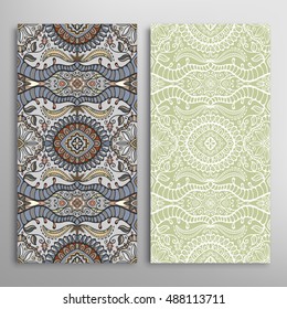 Vertical seamless patterns set, floral geometric lace texture for Wedding, Bridal, Valentine's day, greeting cards or Birthday Invitations. Decorative seamless backgrounds, tribal ethnic ornament