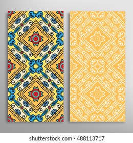 Vertical seamless patterns set, floral geometric lace texture for Wedding, Bridal, Valentine's day, greeting cards or Birthday Invitations. Decorative seamless backgrounds, tribal ethnic ornament