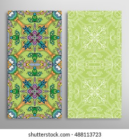 Vertical seamless patterns set, floral geometric lace texture for Wedding, Bridal, Valentine's day, greeting cards or Birthday Invitations. Decorative seamless backgrounds, tribal ethnic ornament