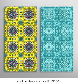 Vertical seamless patterns set, floral geometric lace texture for Wedding, Bridal, Valentine's day, greeting cards or Birthday Invitations. Decorative seamless backgrounds, tribal ethnic ornament