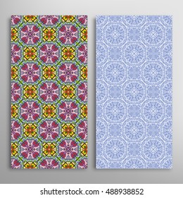 Vertical seamless patterns set, floral geometric lace texture for Wedding, Bridal, Valentine's day, greeting cards or Birthday Invitations. Decorative seamless backgrounds, tribal ethnic ornament