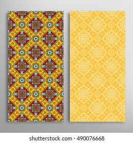 Vertical seamless patterns set, floral geometric lace texture for Wedding, Bridal, Valentine's day, greeting cards or Birthday Invitations. Decorative seamless backgrounds, tribal ethnic ornament