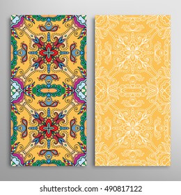 Vertical seamless patterns set, floral geometric lace texture for Wedding, Bridal, Valentine's day, greeting cards or Birthday Invitations. Decorative seamless backgrounds, tribal ethnic ornament