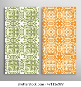 Vertical seamless patterns set, floral geometric lace texture for Wedding, Bridal, Valentine's day, greeting cards or Birthday Invitations. Decorative seamless backgrounds, tribal ethnic ornament