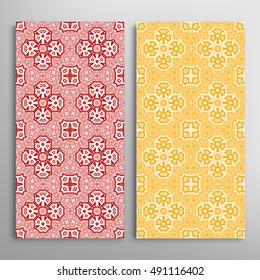 Vertical seamless patterns set, floral geometric lace texture for Wedding, Bridal, Valentine's day, greeting cards or Birthday Invitations. Decorative seamless backgrounds, tribal ethnic ornament