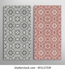 Vertical seamless patterns set, floral geometric lace texture for Wedding, Bridal, Valentine's day, greeting cards or Birthday Invitations. Decorative seamless backgrounds, tribal ethnic ornament