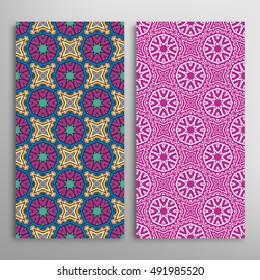 Vertical seamless patterns set, floral geometric lace texture for Wedding, Bridal, Valentine's day, greeting cards or Birthday Invitations. Decorative seamless backgrounds, tribal ethnic ornament