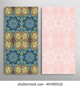 Vertical seamless patterns set, floral geometric lace texture for Wedding, Bridal, Valentine's day, greeting cards or Birthday Invitations. Decorative seamless backgrounds, tribal ethnic ornament