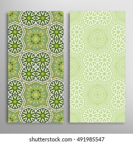 Vertical seamless patterns set, floral geometric lace texture for Wedding, Bridal, Valentine's day, greeting cards or Birthday Invitations. Decorative seamless backgrounds, tribal ethnic ornament
