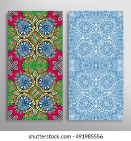 Vertical seamless patterns set, floral geometric lace texture for Wedding, Bridal, Valentine's day, greeting cards or Birthday Invitations. Decorative seamless backgrounds, tribal ethnic ornament