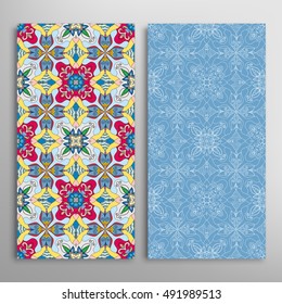 Vertical seamless patterns set, floral geometric lace texture for Wedding, Bridal, Valentine's day, greeting cards or Birthday Invitations. Decorative seamless backgrounds, tribal ethnic ornament